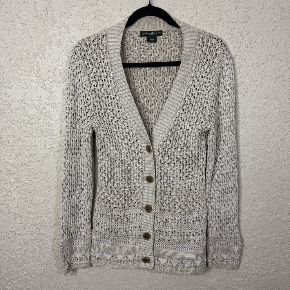 Eddie Bauer Womens Crocheted Cotton Cardigan Size S Buttons Cozy Cottagecore